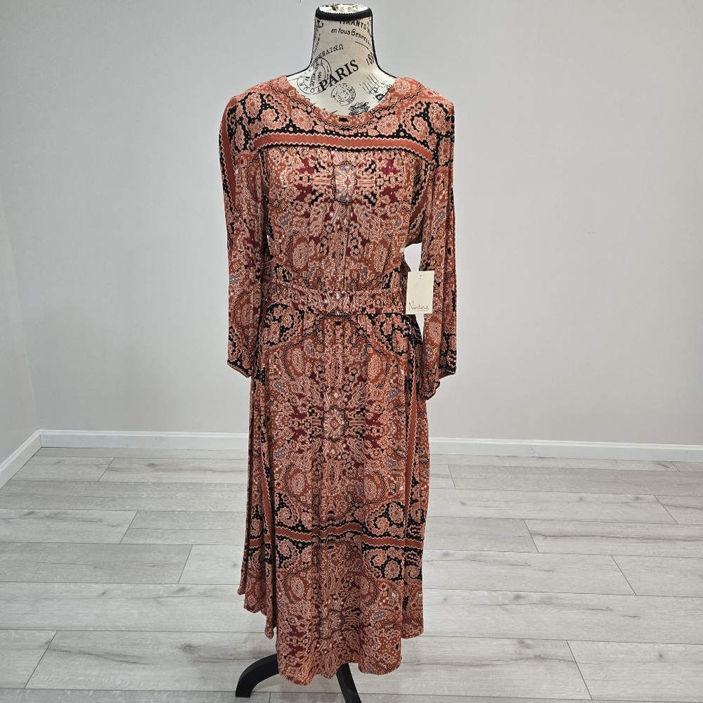 Nurture Paisley Midi Dress Medium Boho Rust Terracotta Elastic Waist V Hem - Picture 2 of 10